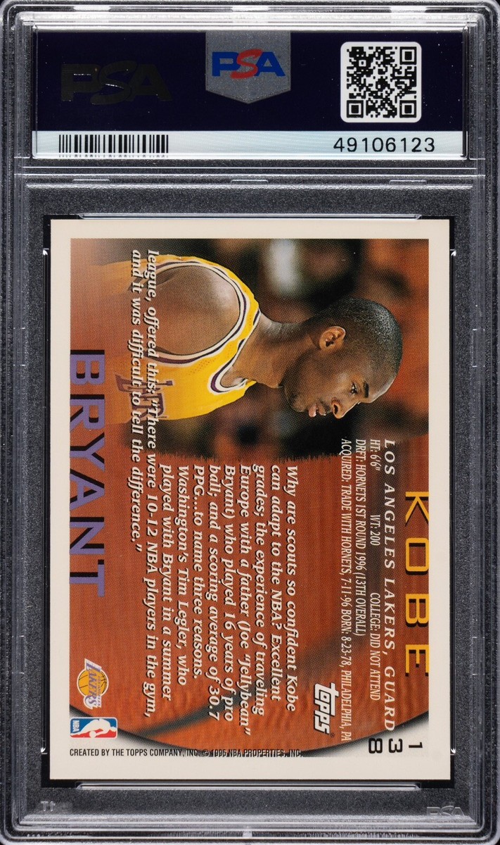 1996 KOBE BRYANT TOPPS #138 ROOKIE CARD HOF LOS ANGELES