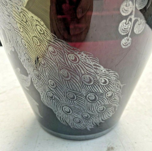 VINTAGE ANTIQUE GERMAN STERLING SILVER OVERALY AMETHYST ART GLASS VASE W PEACOCK - Picture 7 of 9
