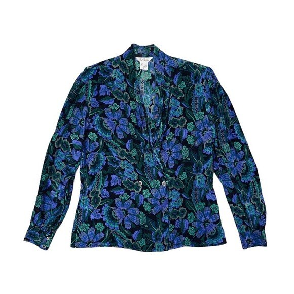 Paul Stanley Vintage Silk Blouse Women's Size Small Blue Green Floral Draped