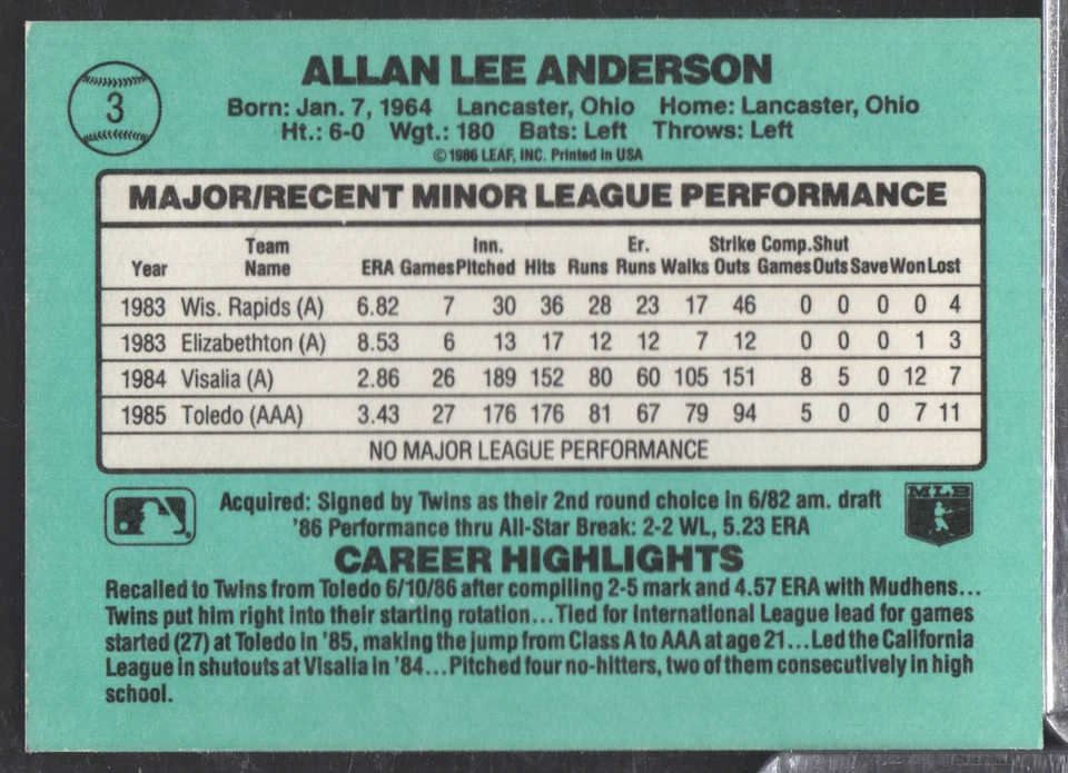 Allan Anderson Twins Autographed 1986 Leaf Donruss RC #3 w/COA 103023NPCD24 - Image 2 of 2