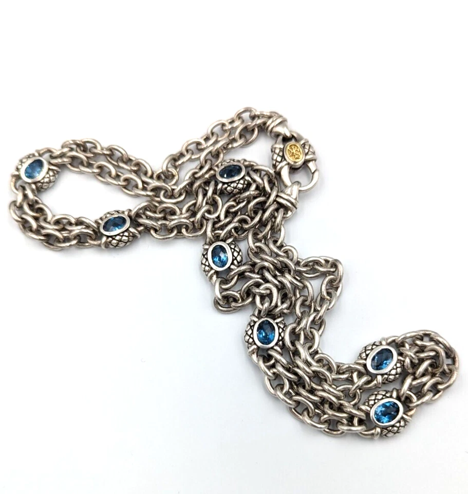 Scott Kay 925 Sterling Silver 18K Gold Accent Blue Topaz Stations Necklace 16" - Image 4 of 4