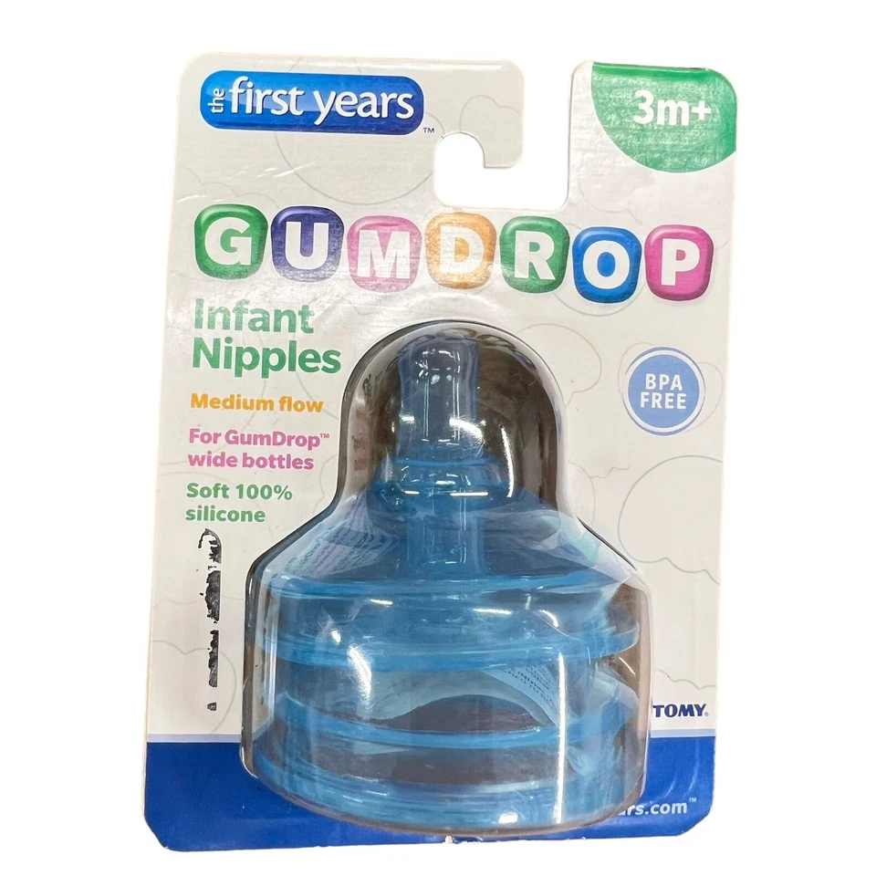 TOMY GumDrop Infant Nipples The First Years 2 Pack Blue 3m+ Medium Flow BPA Free - Image 4 of 4