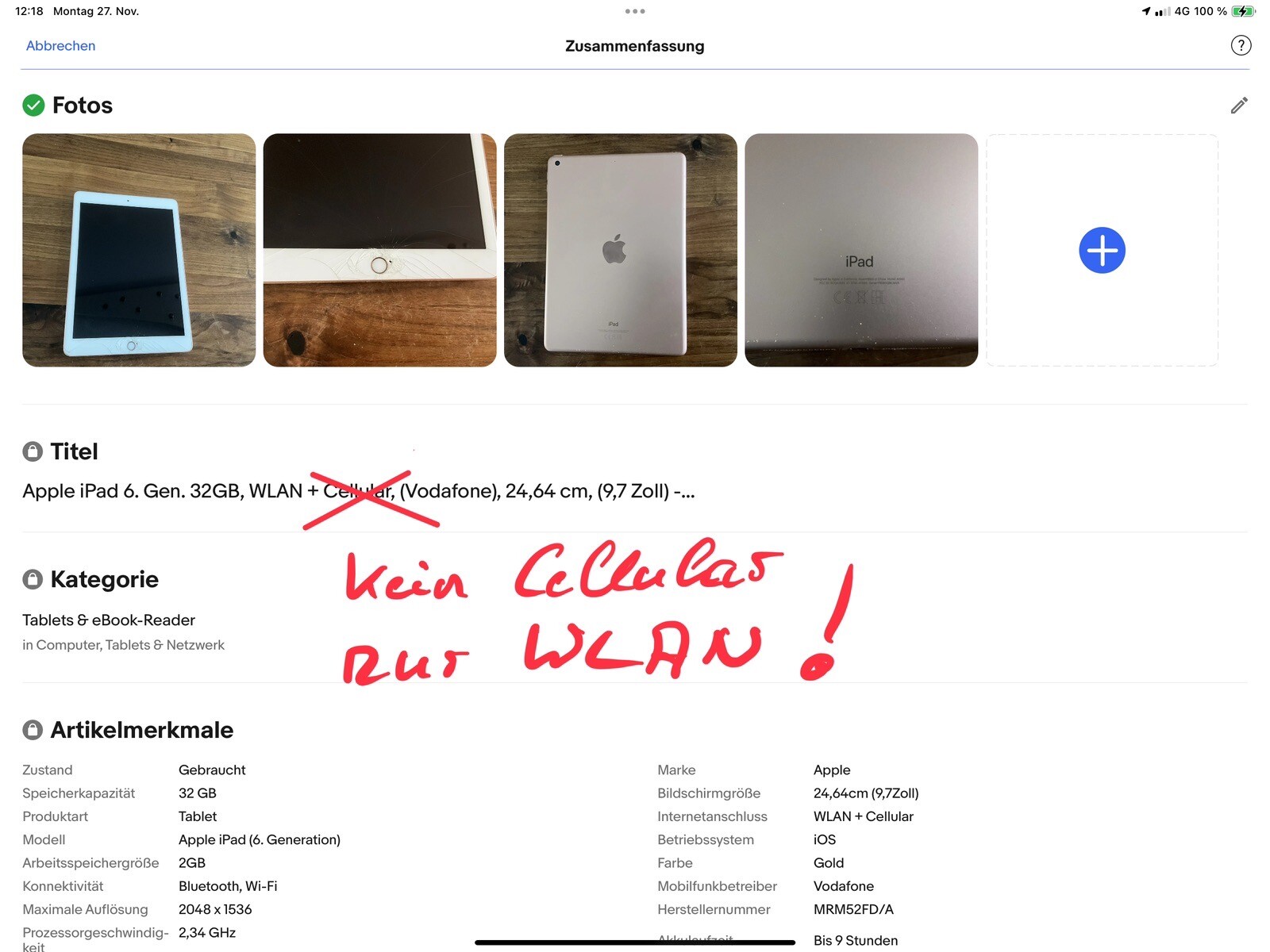 Apple iPad 6. Gen. 32GB, WLAN + Cellular, (Vodafone), 24,64 cm, (9,7