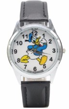 Donald Duck Cartoon Character Black Leather Band Wrist Watch
