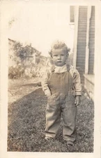 F21/ Interesting Photo RPPC Postcard c1910 Child Cute Overalls Curly Hair 25