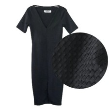 Zara Black Midi Dress M Zip Hem Basket Weave Textured Bodycon M