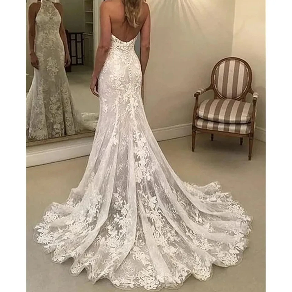 Vestido de novia sirena cuello halter sin espalda encaje barrido tren playa vestido de novia Foto 3 de 4