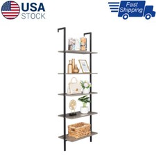 5-Shelf Wood Ladder Bookcase Metal Frame Industrial Ladder Shelf New Retro Style