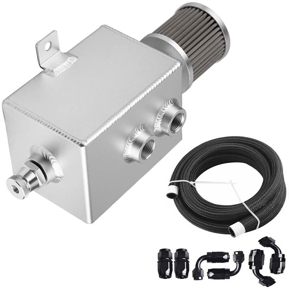 10AN Baffled Oil Catch Can Reservoir Tank With Breather Filter & Fuel Hose Fittings - 0.75L Capacity, Aluminum, Includes 10ft Hose