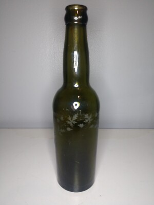 BLACK GLASS - ETCHED HOPS - Ale Or Beer Antique Bottle - Crown Top + Design