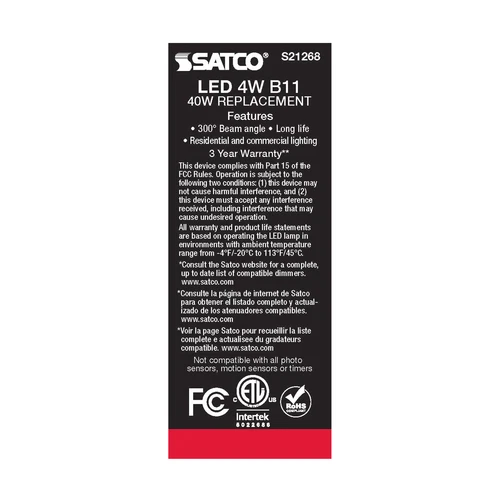 LED Filament Torpedo Tip Bulb CTC 120V 4W =40W B11 Candelabra E12 5000K Daylight - Picture 8 of 15