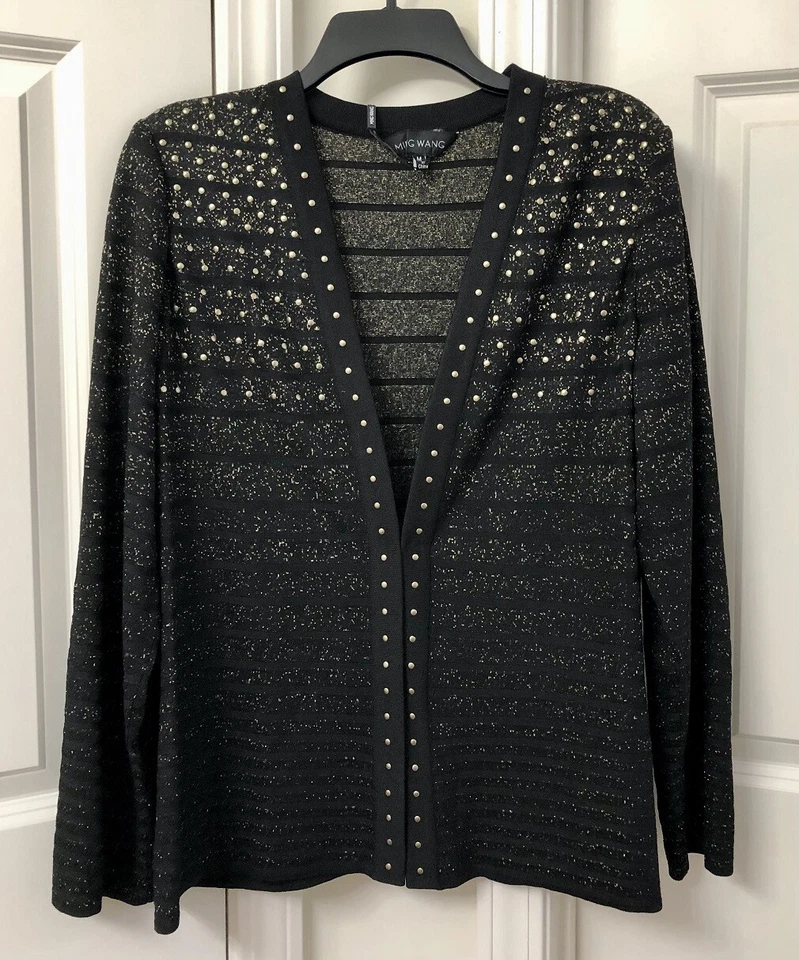 Ming Wang Studded Sparkle Stripe Metallic Knit Long Sleeve Statement Jacket, M - Image 3 of 4