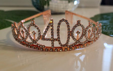 Rose Gold Rhinestone Metal Tiara Crown Headband  Sash for 40th Birthday Adults