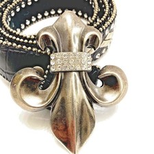 Belt Black Leather studded Metal Western Rhinestone 1 1/2" Fleur-de-lis Buckle