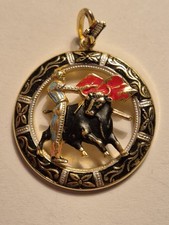 Vintage Damascene and Enamel Matador & Bull Pendant