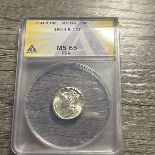 1944-S - MS 65 FSB - MERCURY DIME  - 90% SILVER - ANACS. Beauty.