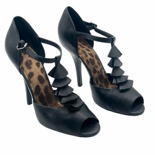 Gianni Bini Black Leather Peep Toe High Heels Stilettos Ruffle Ankle Strap Sz 10