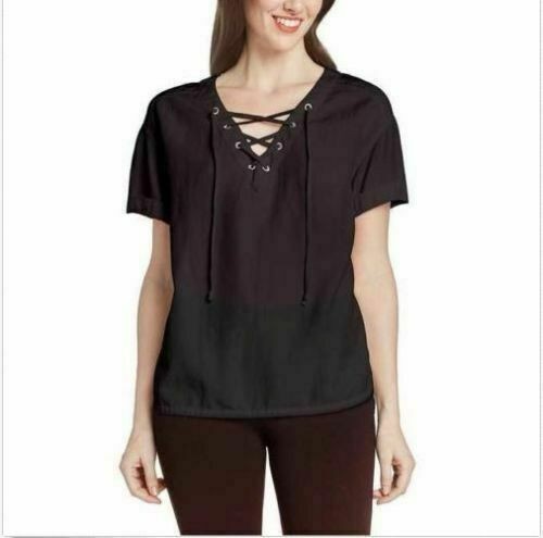 Matty M Women's Blouse Top Shirt Lace-Up High-Low Hem SIZE XL COLOR BLACK
