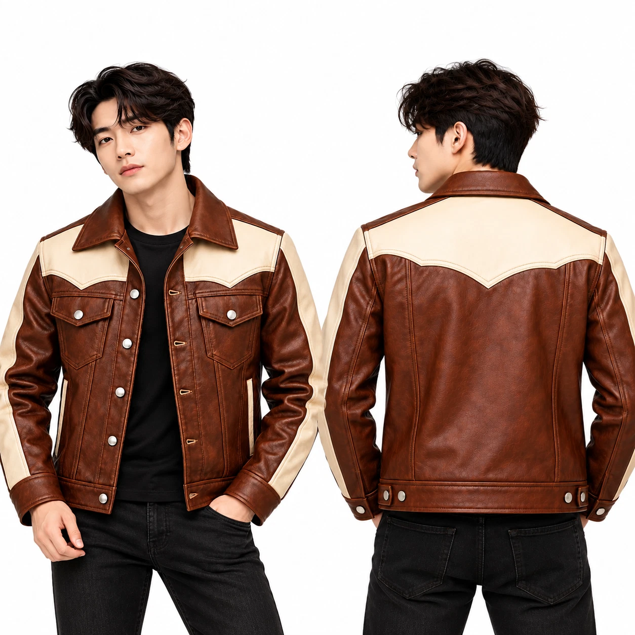 Mens Lambskin Leather Trucker Jacket Brown Cream Western Cowboy Vintage Coat image 3