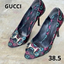 Gucci Vintage Horsebit Open Toe Pumps Monogram Black Women's Size EU38.5/US8.5