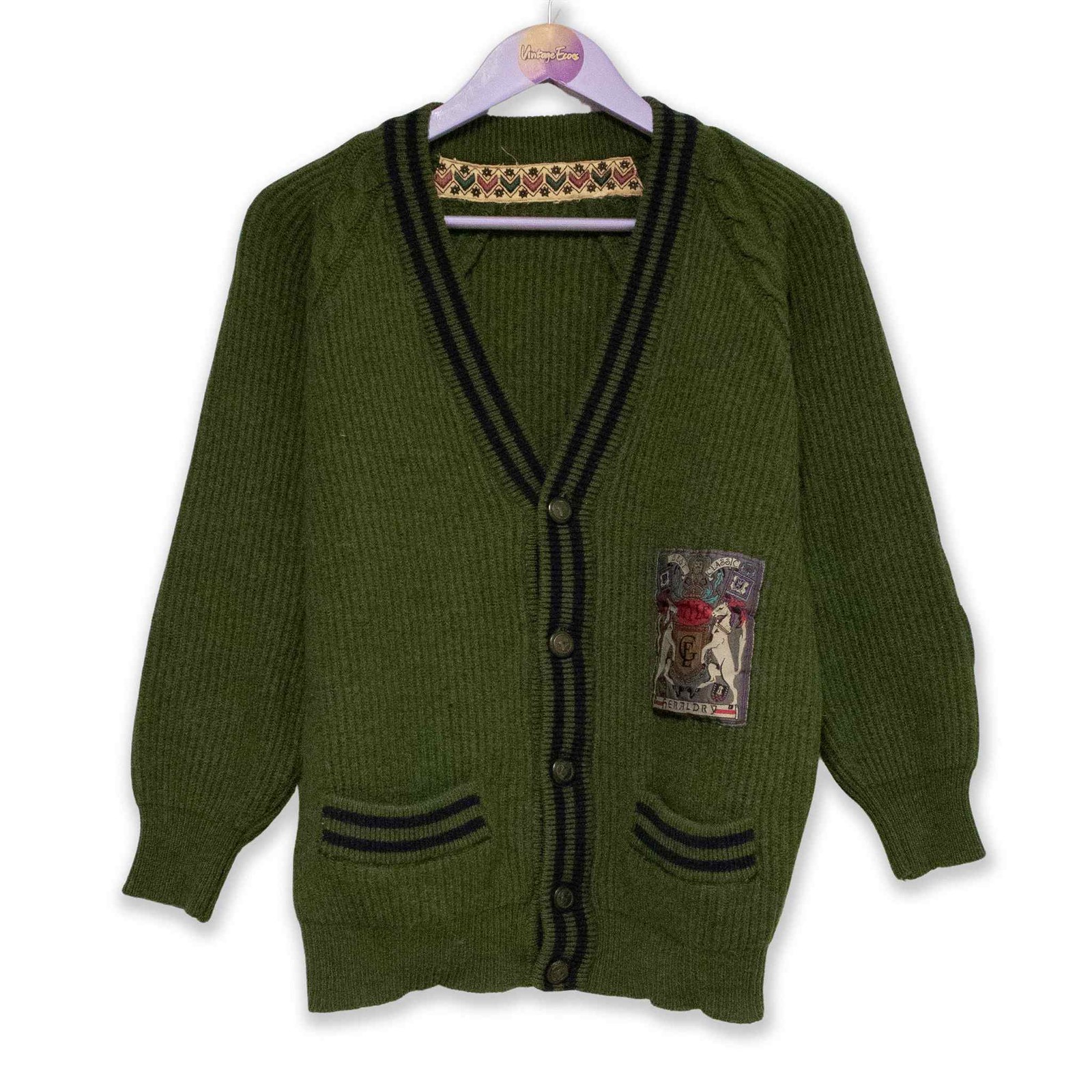 Vintage 70percent Wool Dark Green Cardigan with Patch 80s 90s - Men's Size S