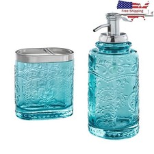 Teal Embossed Glass Bath Accessory Set Soap Dispenser Toothbrush Holder New