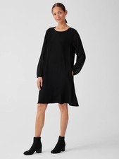 $378 NWT Eileen Fisher Medium Black Sheer Long Sleeve Silk Georgette Crepe Dress