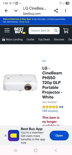 LG CineBeam PH550 Portable Projector 720p DLP, Includes Cord, Charger, Remote