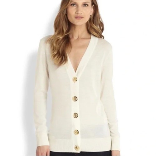 TORY BURCH Simone Cardigan Sweater Wool Ivory Gold Logo Button Sz XS {SS10}