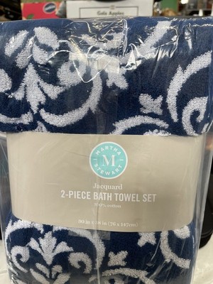 Martha Stewart Jacquard 2-Piece Bath Towel Set Color Navy New