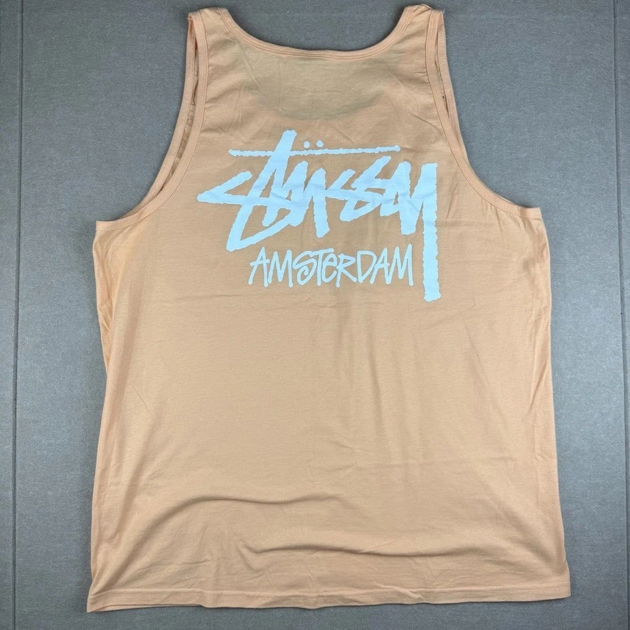Stussy Amsterdam Tank Top Mens XXL Orange Streetwear Graphic Logo Sleeveless Tee