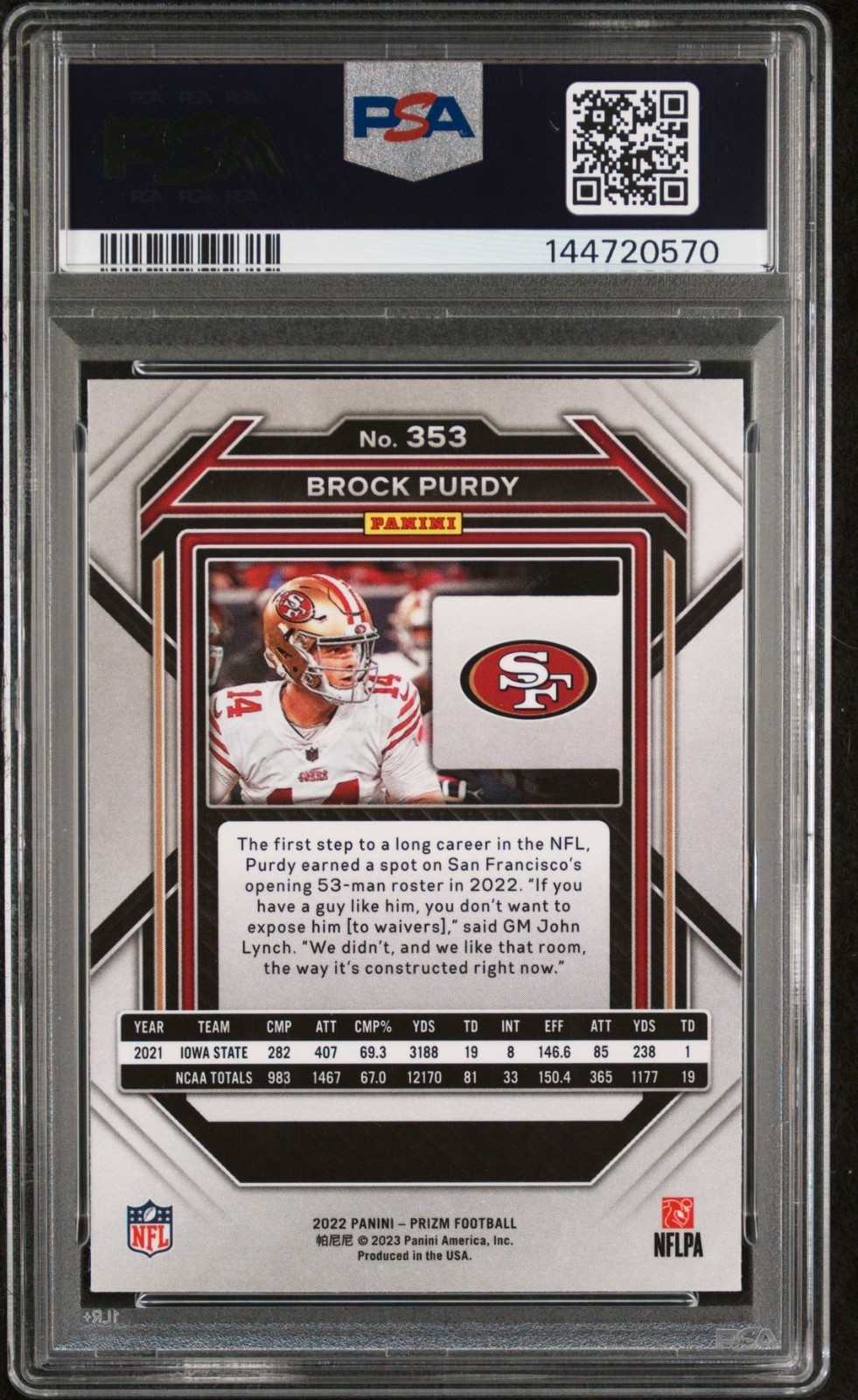 2022 Panini Prizm Brock Purdy Rookie PSA 9 view 2