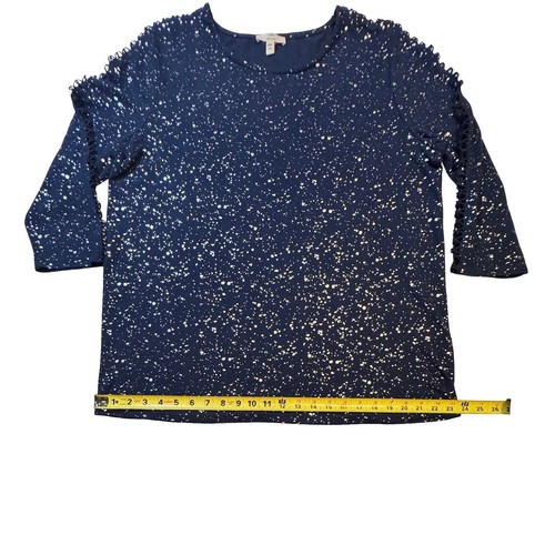 Como Vintage Silver Foil Print Top Women XXL Navy Openwork Sleeves Dressy Party - Picture 8 of 11