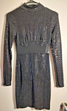 Fashion Nova Long Sleeve Black Sequin - See Through Mid - Short Dress Womens S