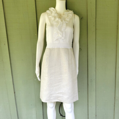 Ann Taylor LOFT White Ruffle Cotton Linen Dress 6P 6 Petite | eBay
