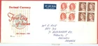 Australia DUAL Currency 5d + 1c Block of 4 used on FDC Cover to Canada 1966
