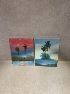 White Ibis Bird/Palm Trees/Wetland 2-8 x6  Canvas Painted/Signed By J. Kissinger