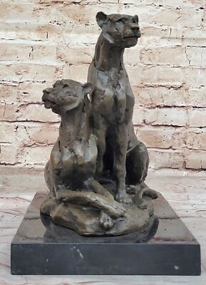 Milo`s Handcrafted Wildlife Art: Two Mountain Lion Bronze Sculpture, Fine Decor