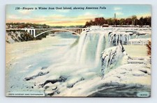 American Falls In Winter From Goat Island Niagara Falls  NY Linen Postcard M14