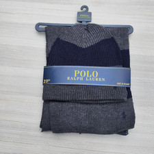 Polo Ralph Lauren Grey Navy Blue Scarf Beanie Hat 2 Piece Set NWT