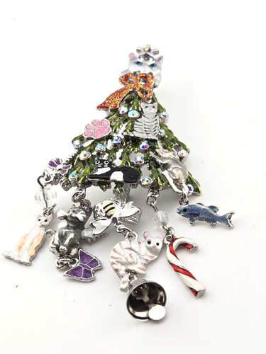 Kirks Folly Cat Lovers Christmas Tree Pin Silvertone So Cute #134 - Picture 4 of 7