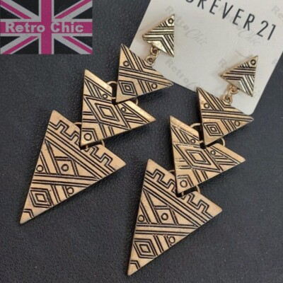 DREIECK Tropfen Hänger MUSTER METALL Vintage Gold GROSSE OHRRINGE Ohrstecker AZTEC