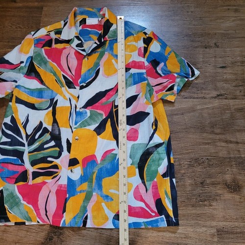 Men's ASOS Aloha Shirt Linen Blend Tiki Hawaii Geometric Print Pink Blue Medium - Picture 5 of 8