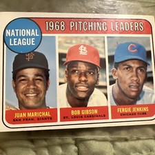 1969 Topps Baseball #10. Pitching Leaders 1968-Marichal, Gibson, Jenkins.