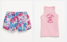 Old Navy Girl Dolphin-Hem Run Shorts Matching Tank Top Pink Tropical Large 10-12