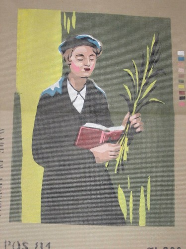 Judaica Needlepoint Canvas Young Man Boy with Book Palm Branch Vintage Austria
