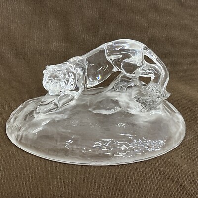 Vtg Cristal d' Arques Glass Crouching Tiger Frosted Base Paper Weight Figurine