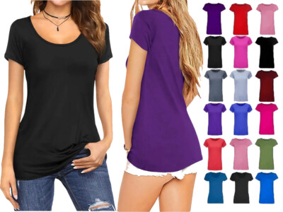 LADIES CAP SHORT SLEEVE ROUND SCOOP NECK PLAIN T-SHIRT FITTED TEE TOP UK