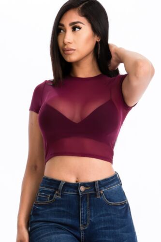 Womens See Through Round Neck Sexy Mesh Sheer Short Sleeve Casual Shirt Crop Top - Picture 3 of 21