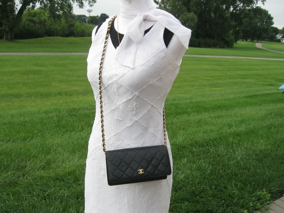 DEFECTUOSO Chanel Bolso Largo Cuero Caviar Negro Cartera G3D Foto 4 de 4